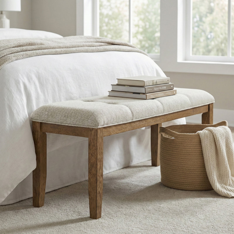 Banc rembourré en tissu beige Duckett, Tissu en polyester beige, Brun