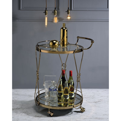 Fabulous Champagne Serving Cart, 2 Open Compartments For Storage, Clear Tempered Glass Shelf, 5Mm Mirrored Base, Metal Frame And Handle, Caster Wheels Utility Finish Round Style, Storage
