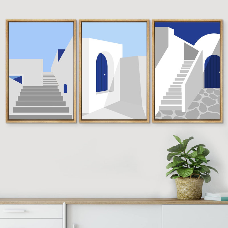 " Mediterranean Blue White Architecture Places Country Illustration Modern Bohemian Scenic Ultra " 3 Piece Art Print, Naturel