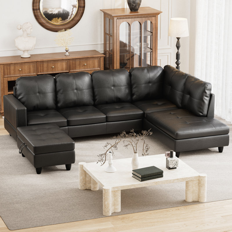 Ensemble de canapé moderne en forme de L, ensemble de canapé en similicuir 3 pièces avec coussins et repose-pieds de rangement, ensemble de canapé avec cadre en bois massif, méridienne droite, canapé de salon facile à assembler pour appartement, ma