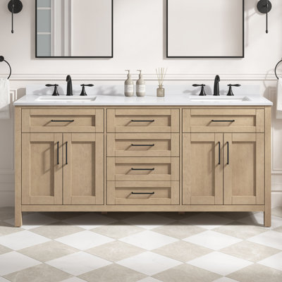 Tahoe 72 in. Sahara Birch Freestanding Bathroom Vanity, Engineered Stone Top with Backsplash, Matte Black Hardware