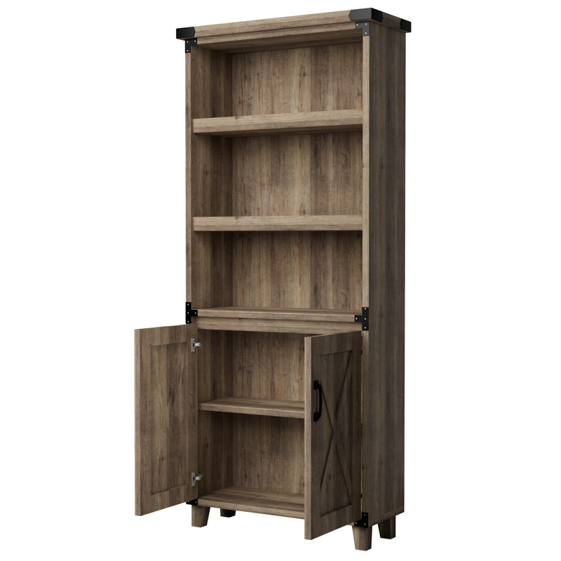 Bibliothèque rustique 67 "avec armoire de rangement et portes de grange, bibliothèque rustique à 5 niveaux avec tablettes réglables pour le salon, le bureau, la chambre à coucher