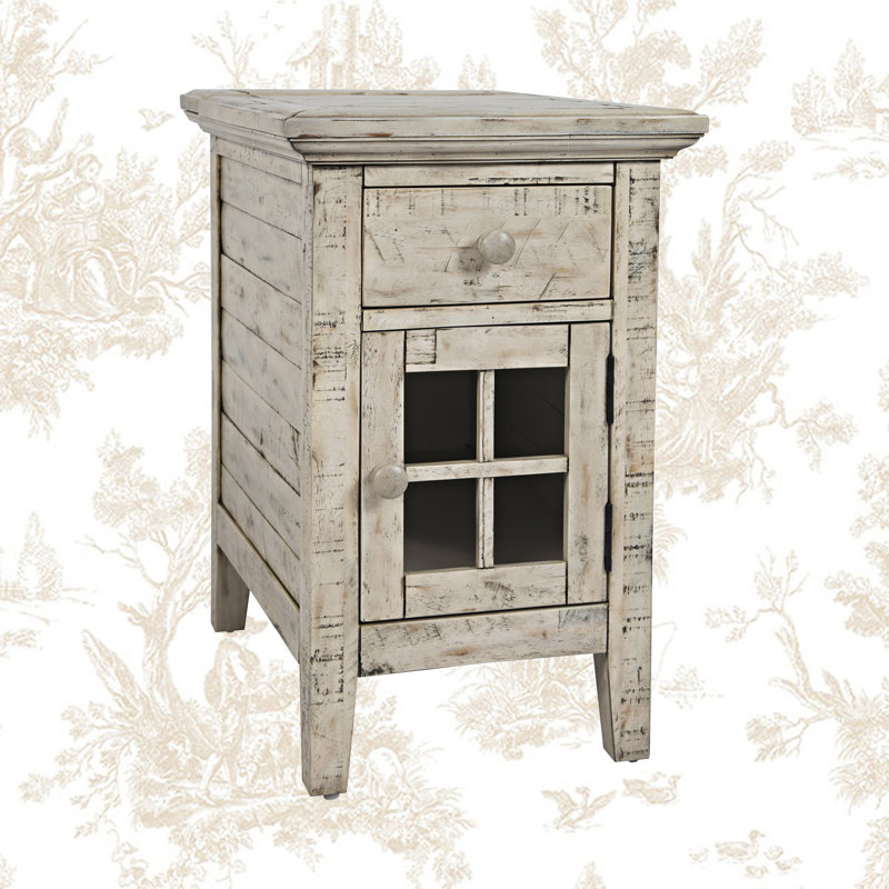 Knorr Solid Wood End Table with Storage and Built-In Outlets, Scrimshaw