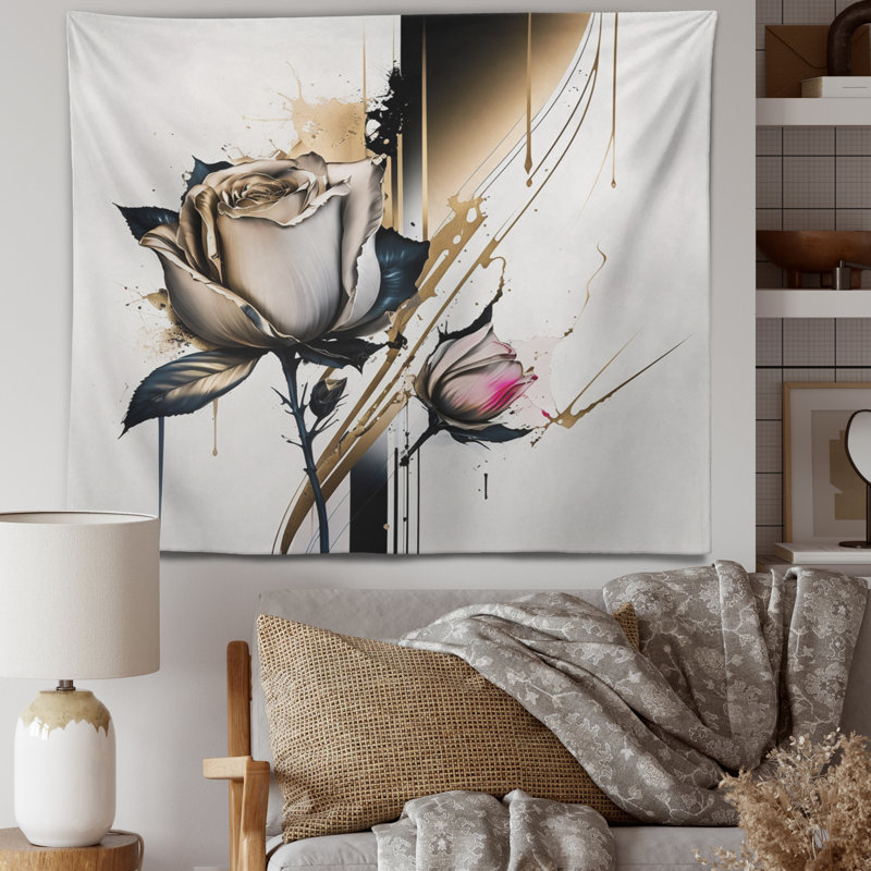 Polyester fleurs roses sur une tapisserie abstraite Fusion IV, H 32 po x l 39 po