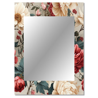 Ripalda Antique Rose Muted Green Garden - Floral Unique Wall Mirror Decor, Floral Large Mirror, Printed Metal Art
