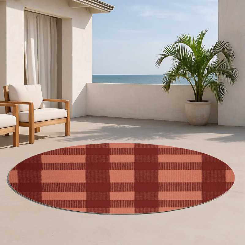 Tapis d'intérieur et d'extérieur à carreaux brun, Rond 5 pi