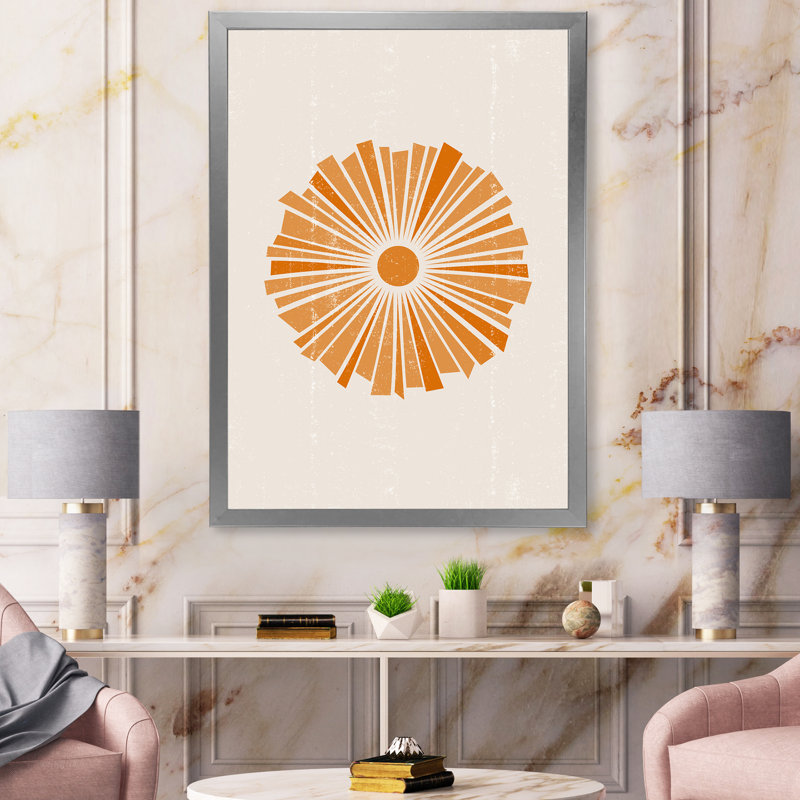 Art mural abstrait sur toile, impression de soleil minimaliste - soleil rayonnant orange minimal I, Cadre argenté