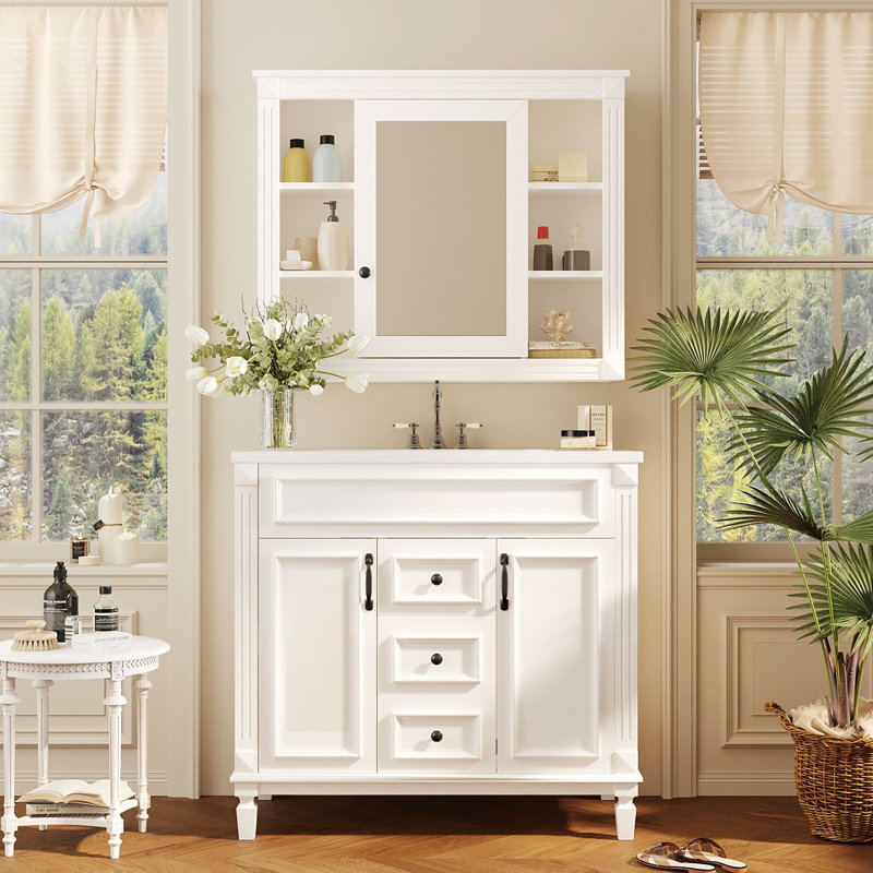 36'' Bathroom Vanity with Sink, Mirror Cabinet, 2 Soft Closing Doors and 2 Drawers, White