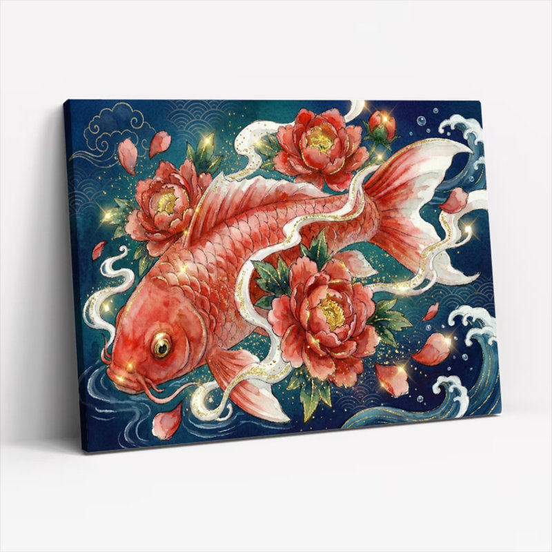 «Koi Fish and Peony Flowers», reproduction d'art sur toile tendue sur toile, ensemble de 1
