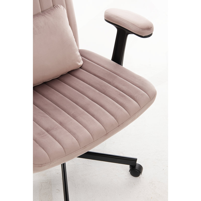 Chaise de bureau en velours rose avec accoudoirs croisés avec roulettes - confortable pour le bureau personnel, la lecture et la coiffeuse