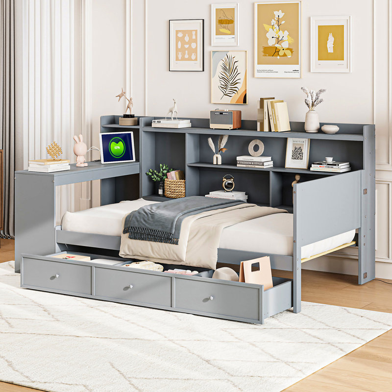 Gray Wooden Twin Daybed With Desk And Storage - Strong Pine Wood Frame 3 Large Drawers, Charging & Solid, Gray, Twin