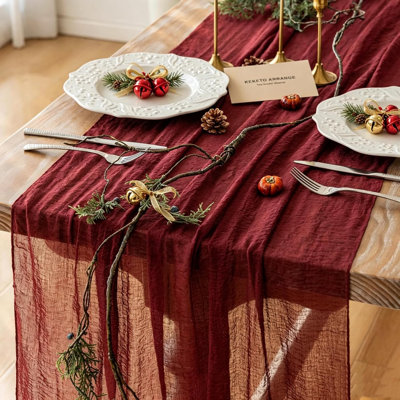 Chemin de table en gaze de coton bordeaux de 3 m (120 pouces), style rustique d'automne et de Noël, décoration de table bohème champêtre de 3 m (10 pieds) pour mariage, fête, Thanksgiving et autres fêtes de fin d'année