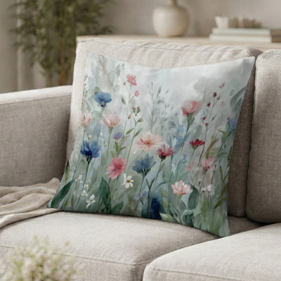 Wildflowers Decorative Pillow - Green Blue Wildflower Meadows Printed Throw Pillow