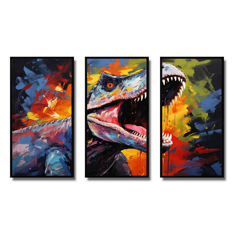 «Colorful Roaring Trex Dinosaur I», art mural dinosaure, H 28 po x l 36 po, Cadre flottant noir