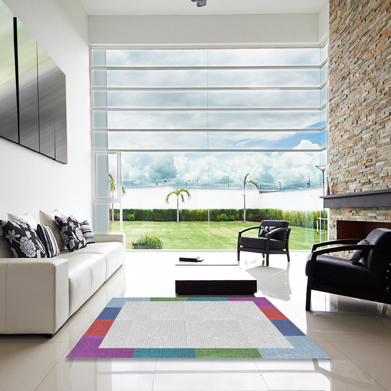 Tapis orange motif/vert/bleu, Carré 5 pi