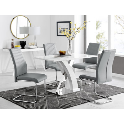 Marietta Chrome Metal and White High Gloss Dining Table Set - 4 Luxury Faux Leather Dining Chairs