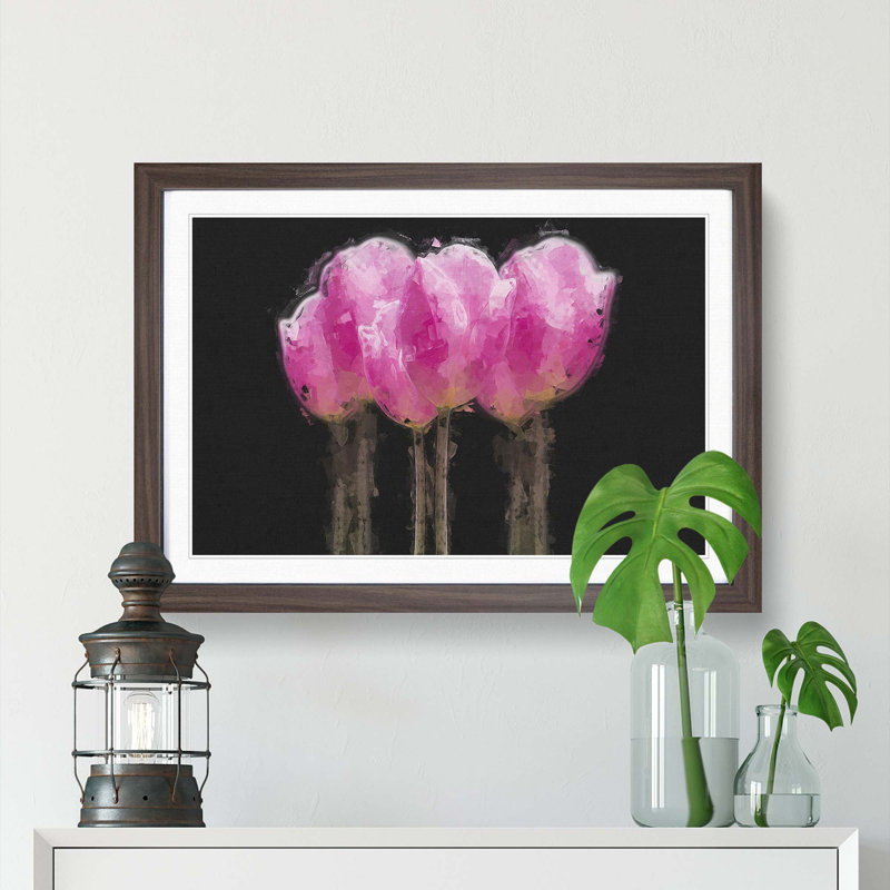 Row of Pink Tulips in Abstract - Picture Frame Painting Print, 60cm H x 91cm W x 2cm D, Walnut