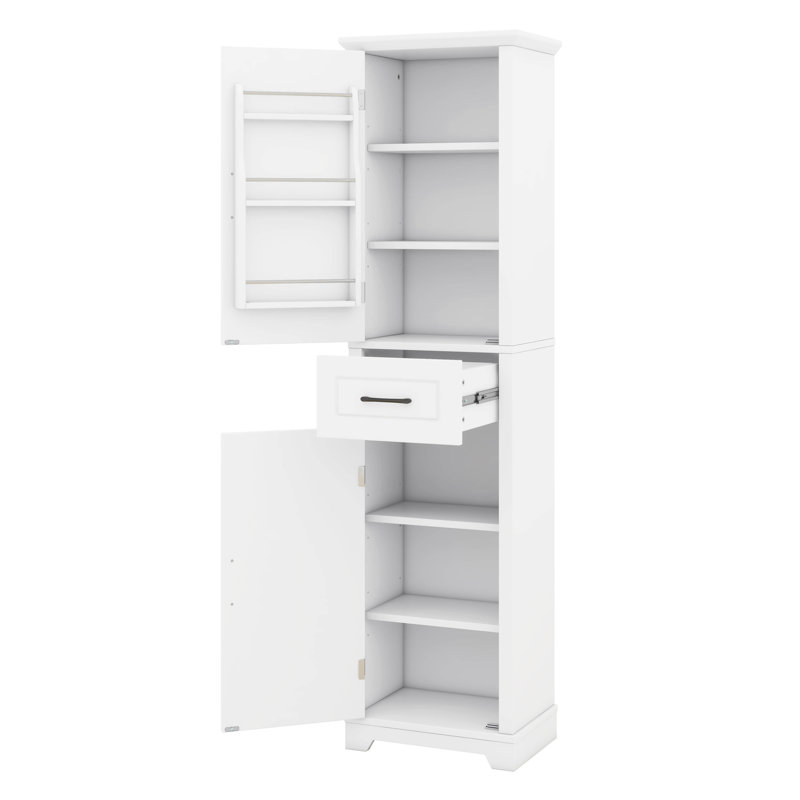 Grande armoire de rangement blanche étroite pour salle de bain, armoire de rangement autoportante avec deux portes et tablettes réglables