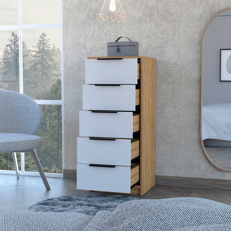 Commode 5 tiroirs, commode verticale - blanc / pin