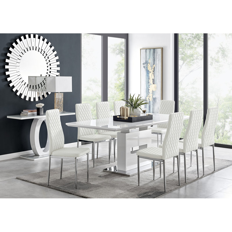 Eubanks Extendable Dining Set with 8 Chairs, White, Silver