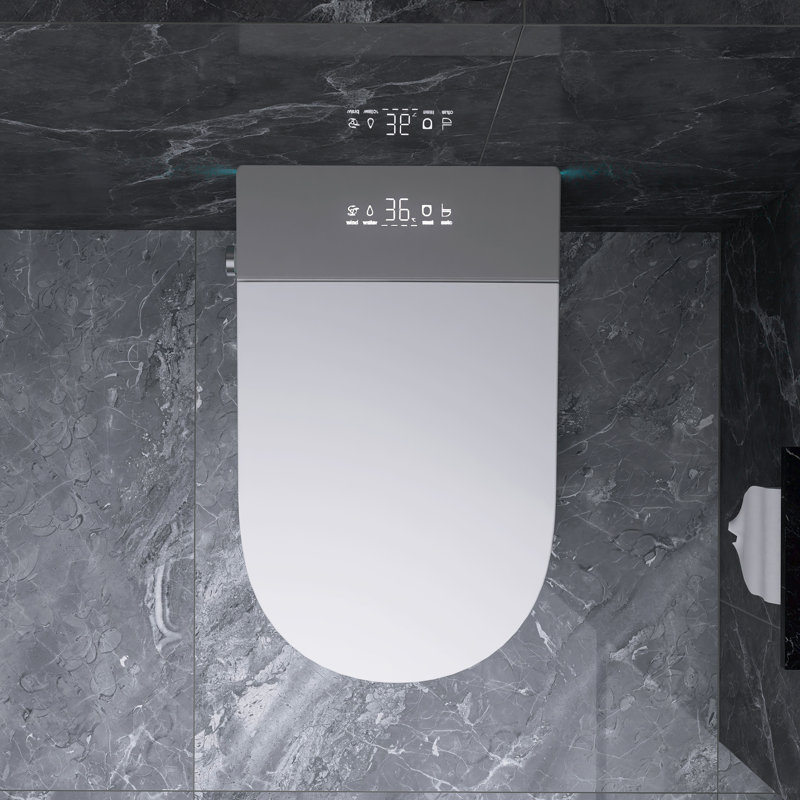Round Bidet Toilet 1.28 GPF With 23 In. Depth For Small Modern Bathroom 12 In. Rough-In Auto Flush Heating&Drying, White/Gray