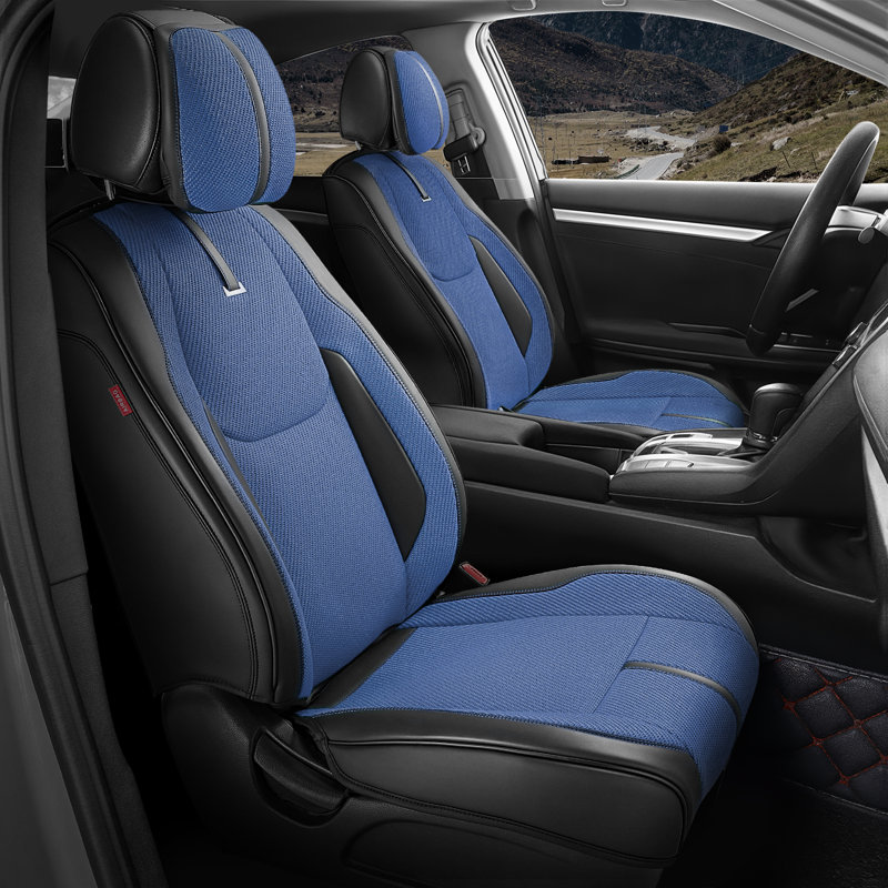 Front Row Seat Covers Universal Waterproof Polyester For Cars Suvs Trucks Airbag Compatibility​​, Black/Blue