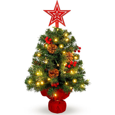 Set of 9 Mini Christmas Trees with Pine Cones, Red Berries & Cement Base, Holiday Decor