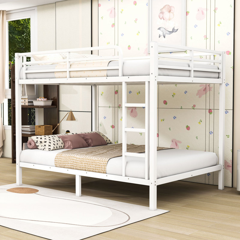 Metal Bunk Bed With Guardrails And Ladder, White, Full XL
