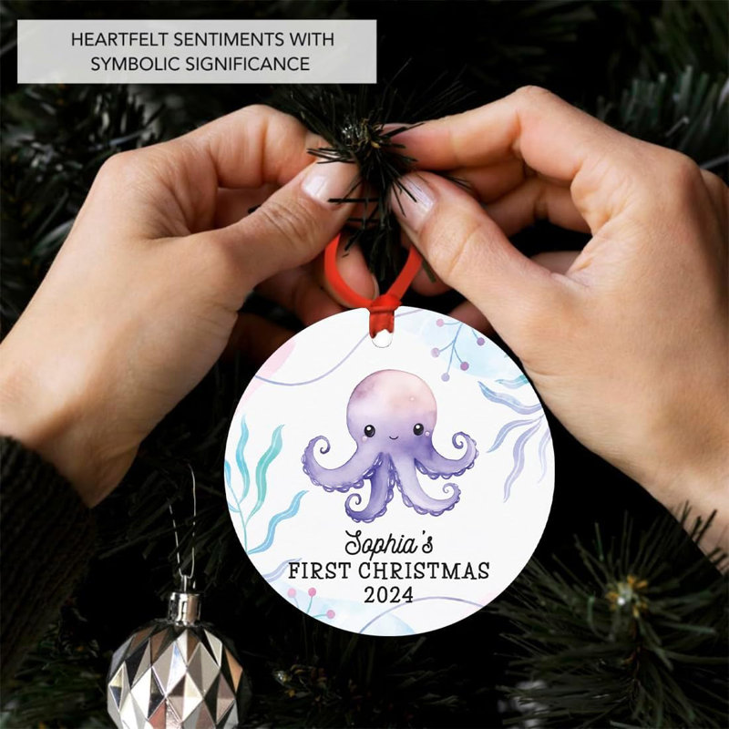Ornement de pieuvre en métal sur mesure, mignonne pieuvre mauve, première décoration d'arbre de Noël pour enfants, Oui