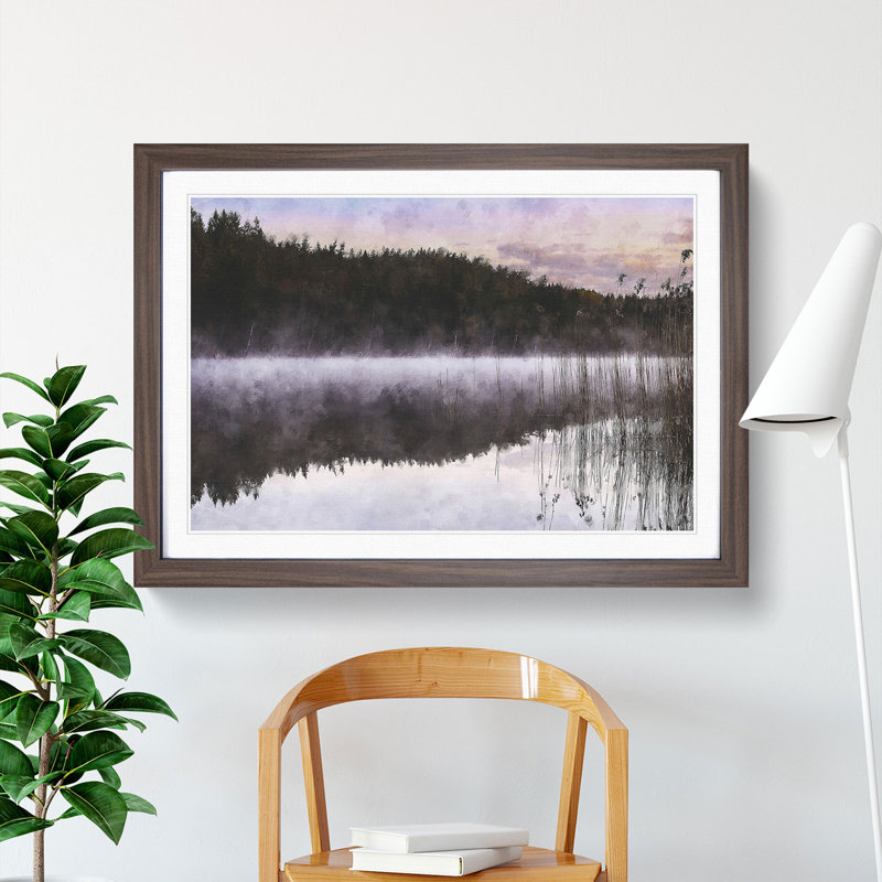 Forest and Lake in Sweden - Picture Frame Graphic Art, 48cm H x 65cm W x 2cm D, Walnut Framed