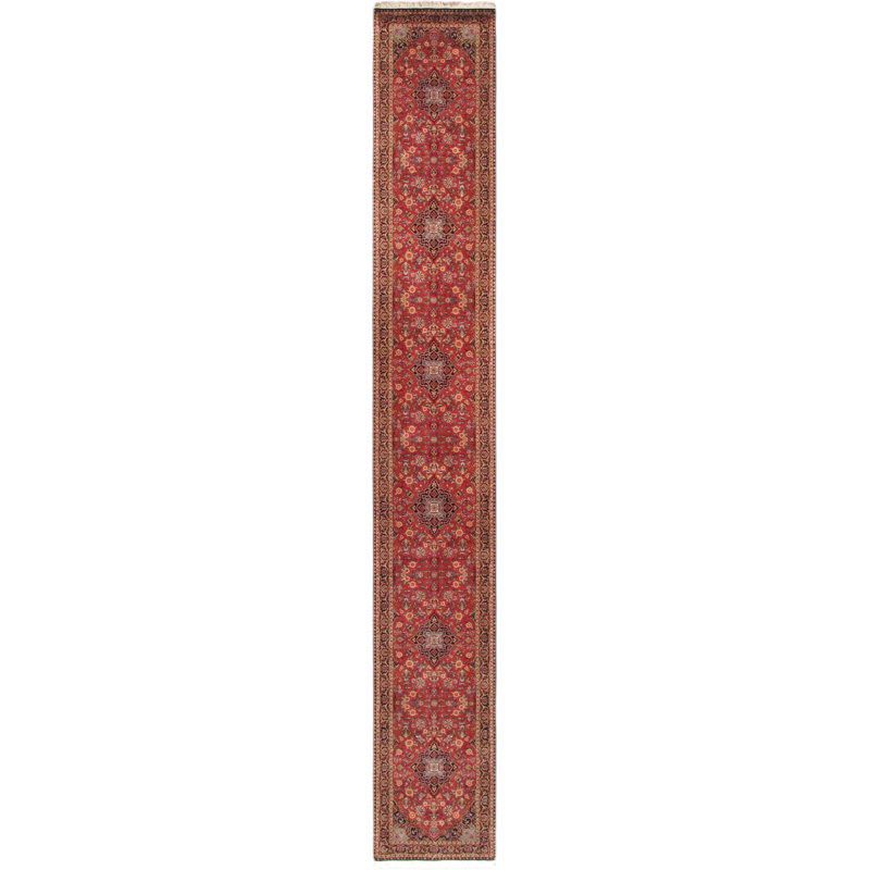 Tapis de couloir en laine et coton noué à la main de style oriental bleu marine / rouille 2 pi 6 po x 18 pi 4 po