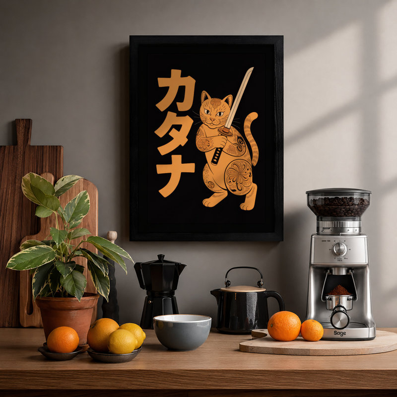 Golden Samurai Cat Japandi - Print, A1 - 84.1 x 59.4 cm, Black