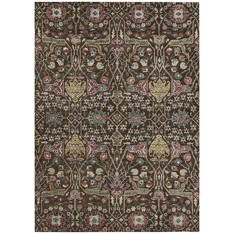 Tapis extérieur lavable floral rouge et doré 5 pi x 8 pi chocolat
