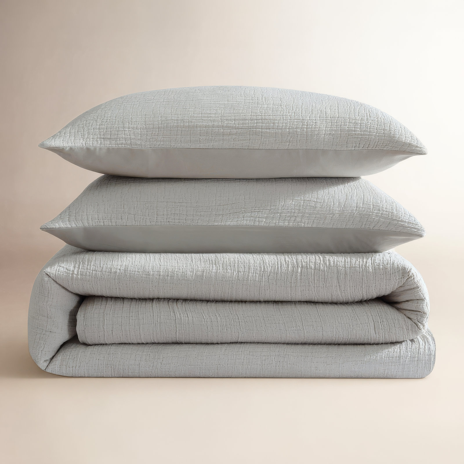 Washed Texture Cotton Duvet Cover Set, Queen Duvet Cover + 2 Standard Shams, Gray