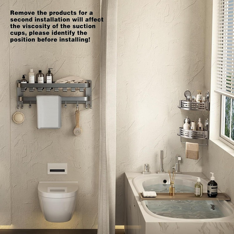 Ensemble de 2 paniers de douche d'angle avec ventouse, organisateur de salle de bain sans perçage avec tablettes, barre à serviettes et crochets, gris mat
