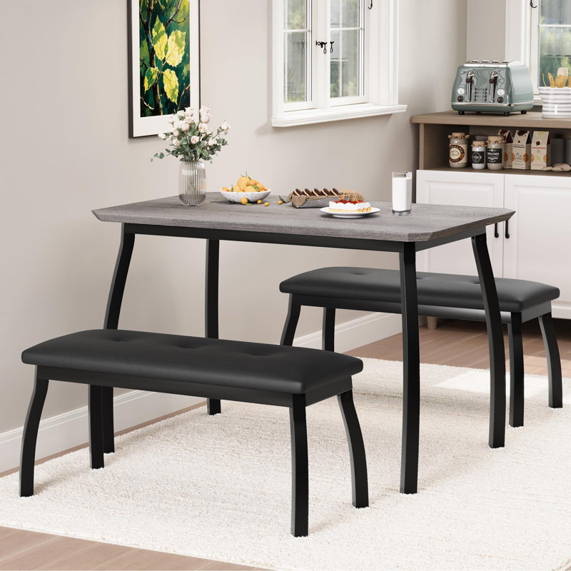 Ensemble de table de salle à manger 43 po pour 4 personnes avec 2 bancs en polyuréthane, ensemble de coin-repas en bois industriel pour petits espaces