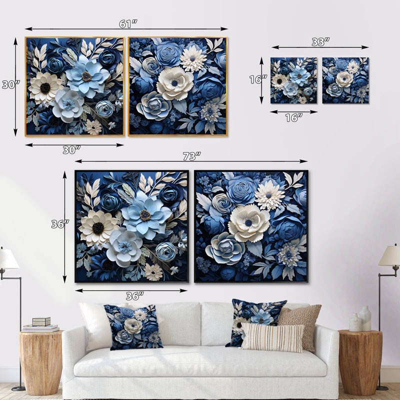 Aquarelle de fleurs saisonnières bleues et blanches - ensemble de collage floral carré de 2, Cadre flottant noir