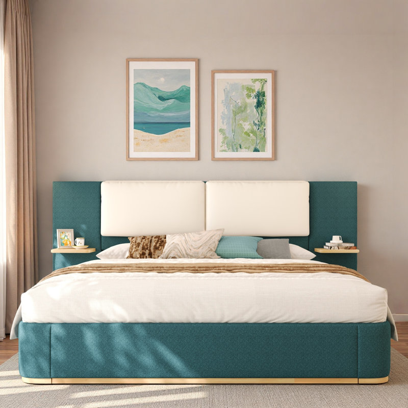 Lit plateforme tapissier avec tablettes, Vert/blanc, Très grand lit