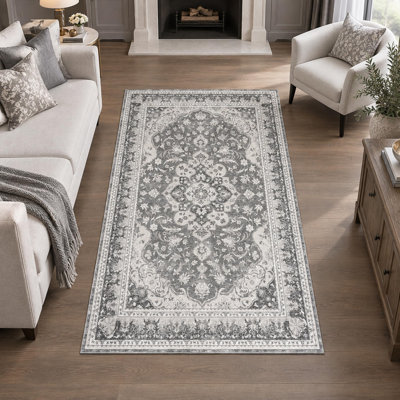 Washable Vintage Medallion Area Rug, Non-Slip Carpet, Soft 350 GSM Polyester Low-Pile Surface with TPR Backing for Indoor Household Spaces
