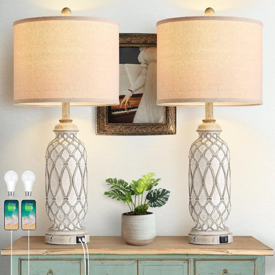 Ensemble de 2 lampes de table de style campagnard avec ports de chargement USB A et C, lampes de chevet tactiles à intensité variable (3 niveaux), lampes de nuit géométriques avec ampoules DEL pour chambre, salon et bureau