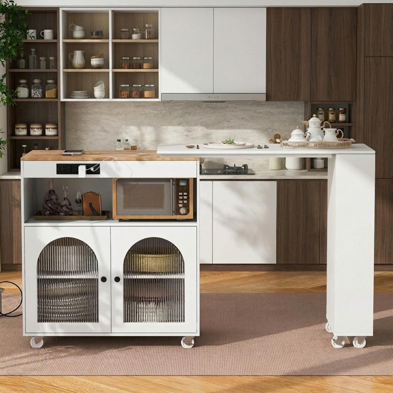 Kitchen Island On Wheels With Extendable Table, Led Lights, Power Outlets, 2 Fluted Glass Doors, Storage Compartment, 3 Open Shelves, White