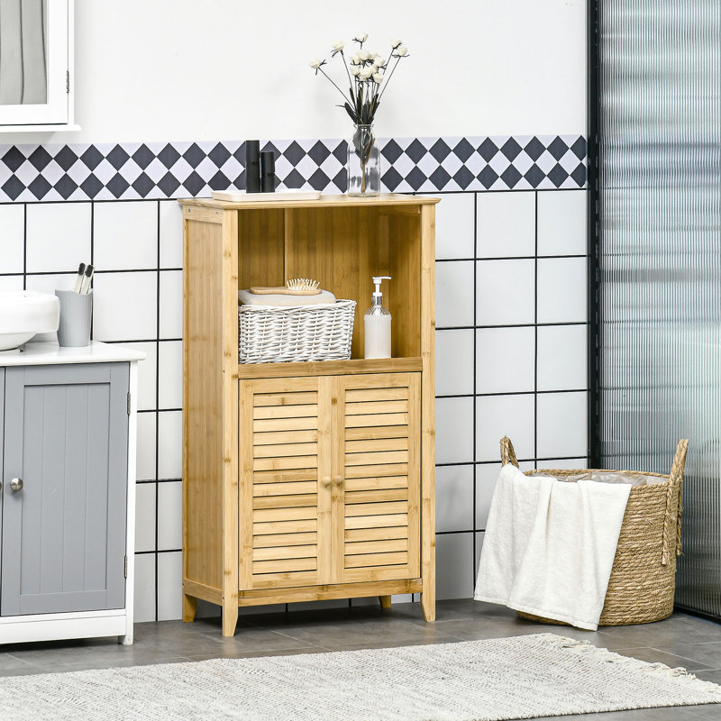 Armoire de salle de bain en bambou avec plusieurs tablettes et portes, naturel