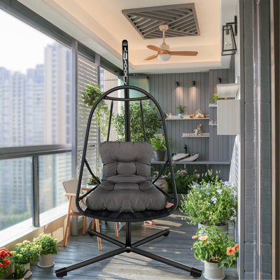 Fauteuil à œufs pivotant avec support intérieur et extérieur en rotin et panier en osier avec support de type C, avec coussin et coussin, fauteuil suspendu pliant en osier de patio (porte-gobelet spécial