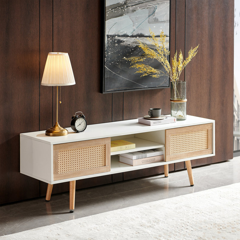 Table télé 54,91 "avec portes coulissantes doubles, tablette réglable, pieds en bois massif, blanc, pour utilisation dans l'armoire de décoration de salon, 54,91", pieds