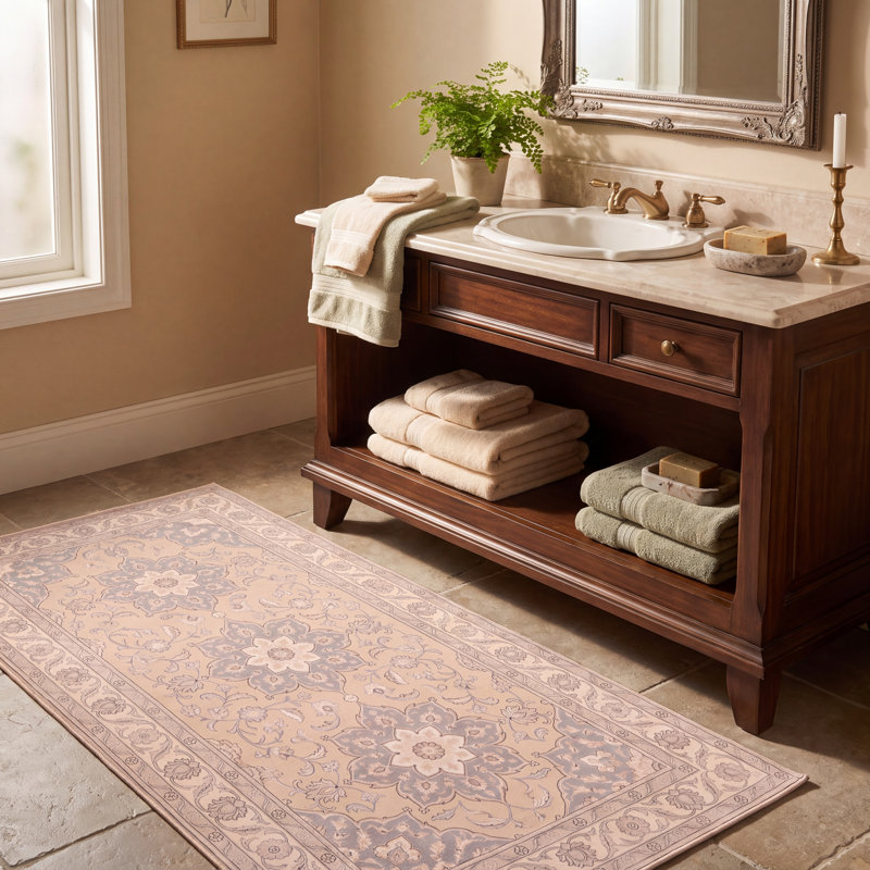 Tapis Meadow traditionnel à médaillon, style persan, gris crème, ivoire, beige, rose, lavable à la machine, antidérapant, à poils courts, pour l'intérieur et l'extérieur, adapté aux animaux domestiques, idéal pour le salon, la chambre, la salle à manger, l'entrée, le couloir ou le bureau.