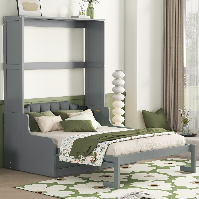 Grand lit escamotable mural avec coussin, grand, Gris