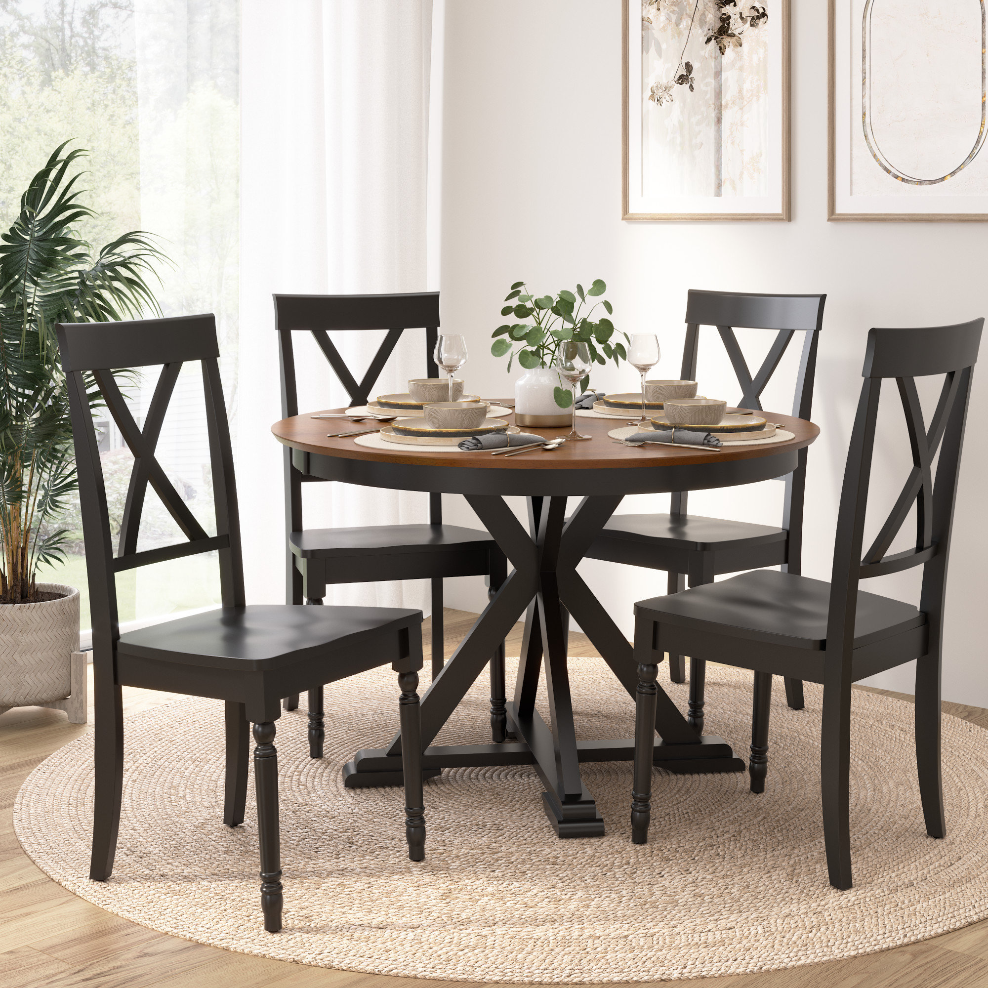 Rosalind Wheeler Sterling 45W Round Trestle Dining Table With 4 Cross ...