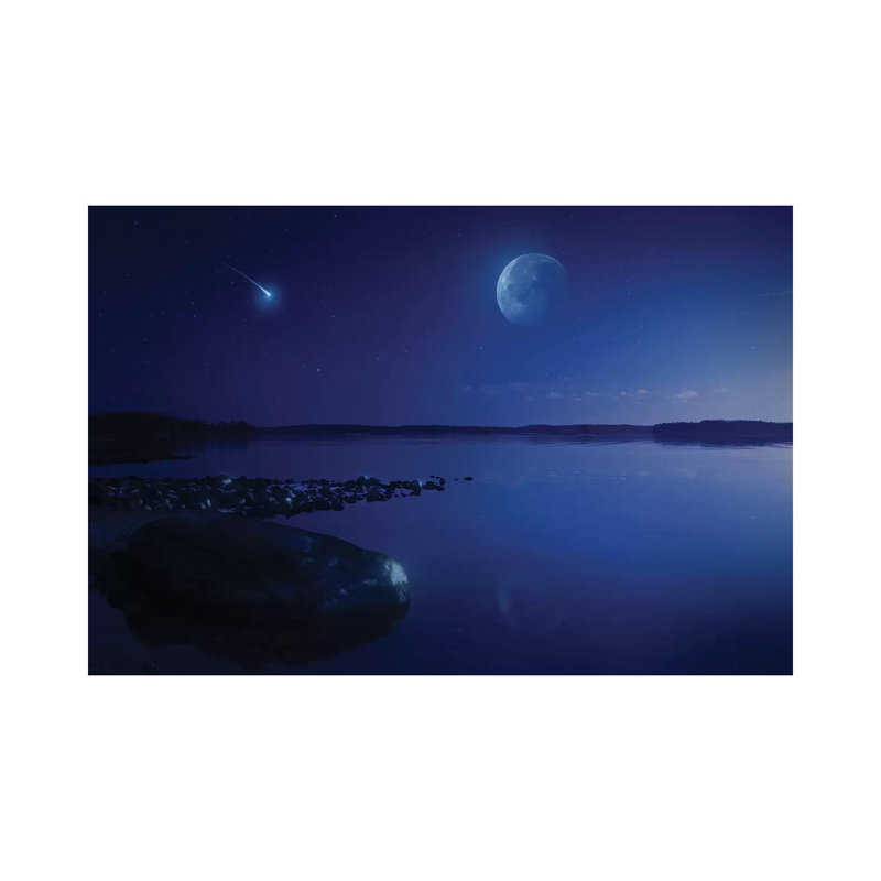Tranquil Lake Against Starry Sky, Moon And Falling Meteorite, Finland I by Evgeny Kuklev - Wrapped Canvas Print