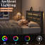Structure de lit double avec tête de lit avec rangement et 4 tiroirs, éclairage à DEL, surface en grain de bois rustique, base à lattes en métal, support de matelas antidérapant pour chambre à coucher, utilisation