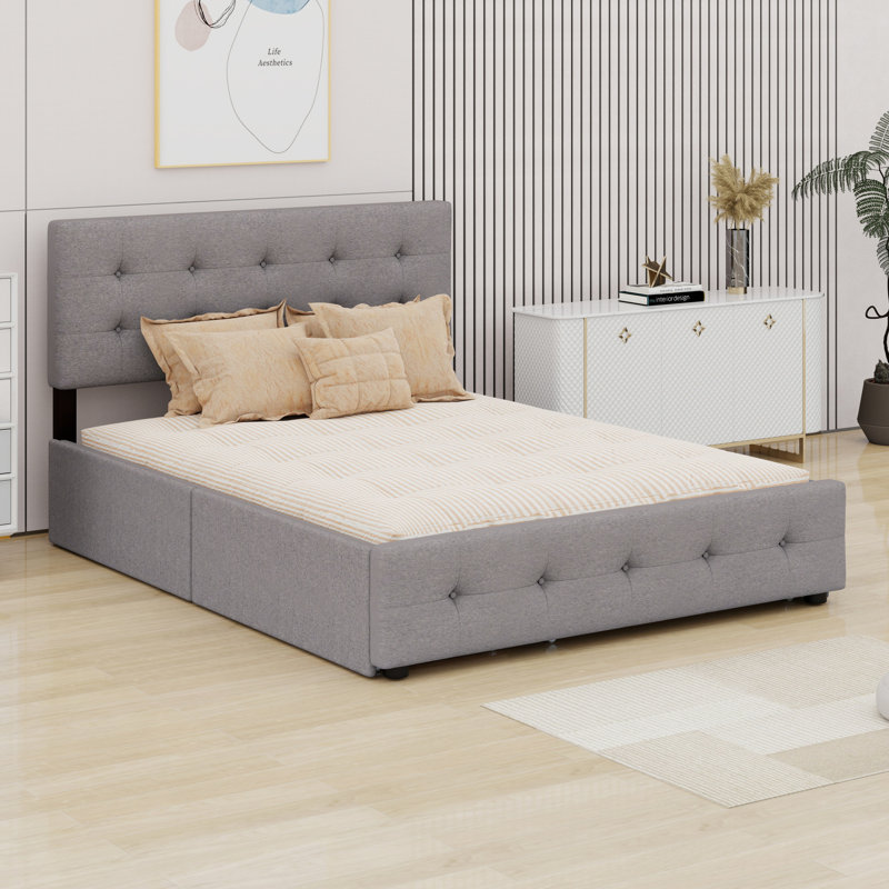 Lit plateforme tapissier avec 2 tiroirs et lit gigogne, Gris clair